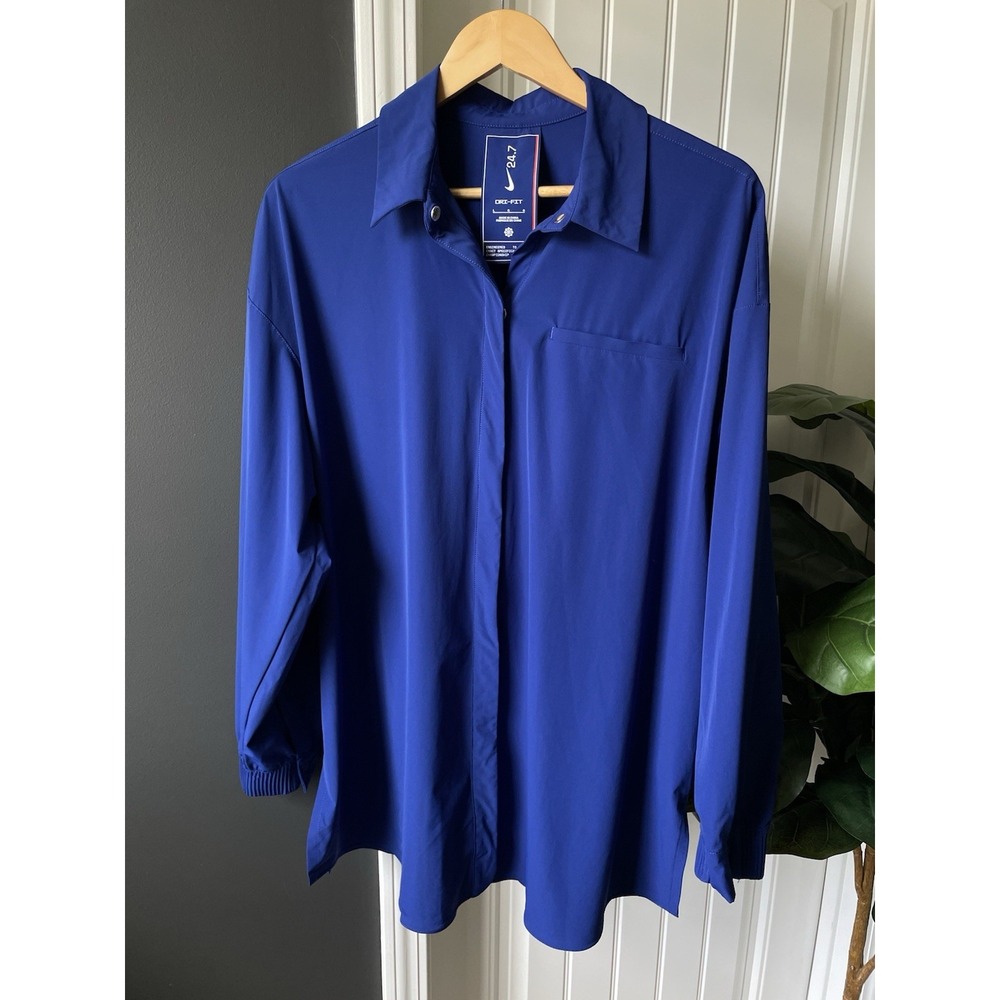Nike 24.7 PerfectStretch Dri-Fit Women Oversized L/S Snap Shirt DeepRoyal Blue L